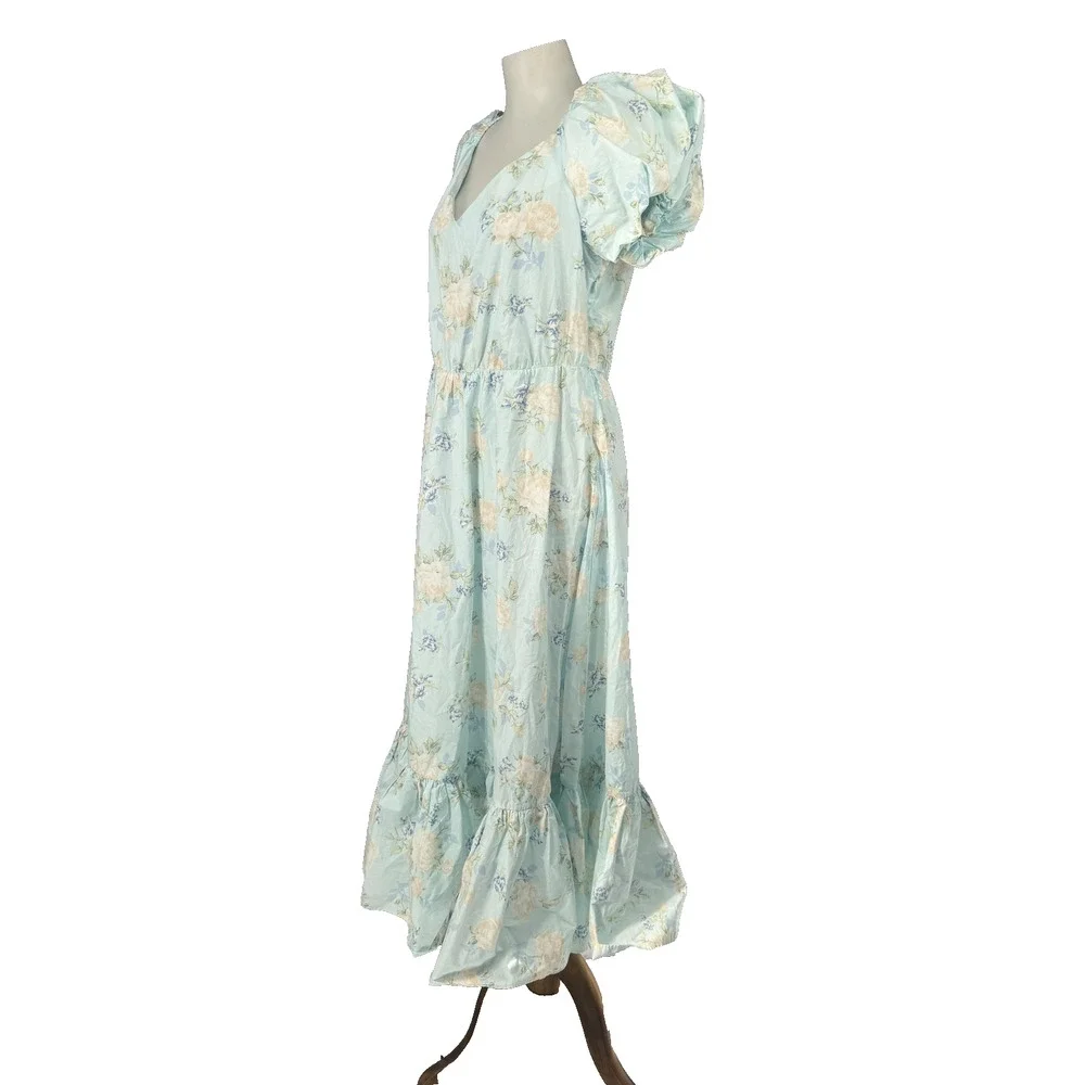 LoveShackFancy Dress Womens 8 Blue Floral Puff Sleeve Maxi Ruffle Cottagecore - Picture 5 of 12